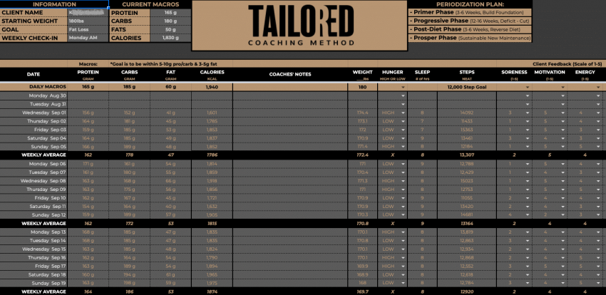 An example of what a metric tracking system for online fitness and nutrition coaching may look like