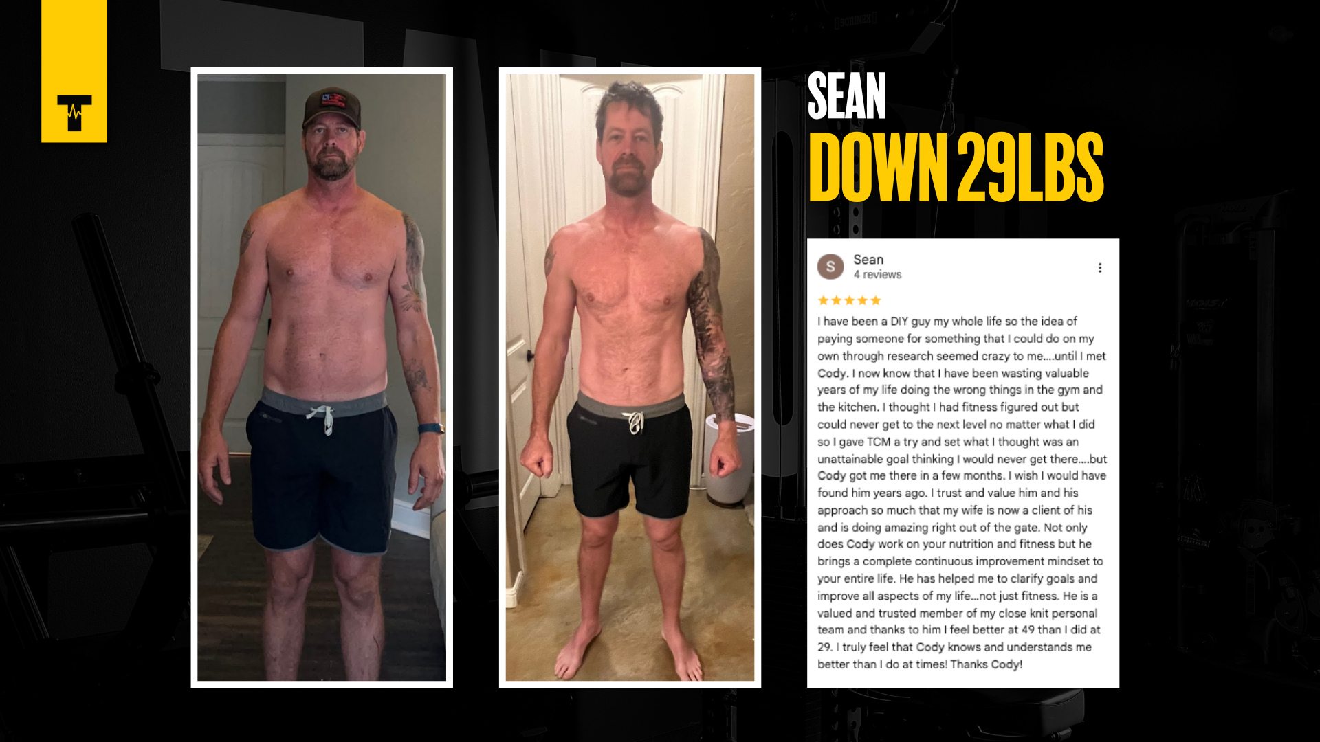 Tailored Coaching Method Client, Sean Hill, lost 29lbs and left an amazing review about the company and his Online Nutrition Coach, Cody McBroom