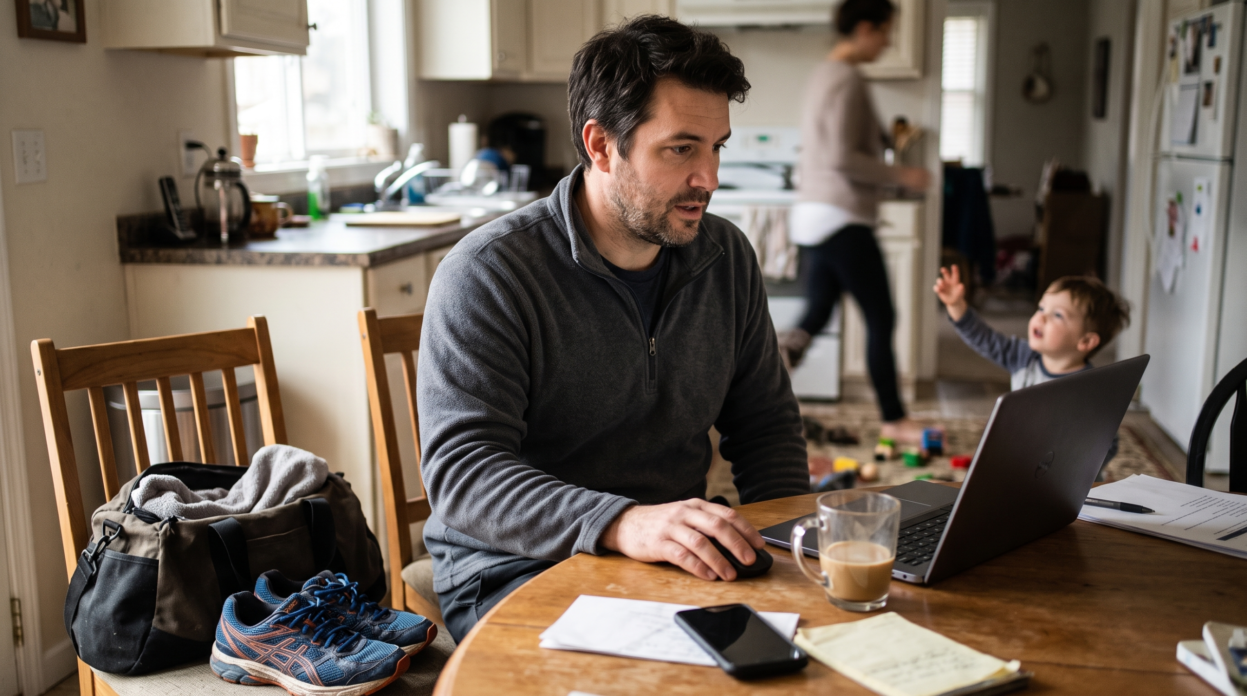 A parent and business owner balancing work and family demands, illustrating the total 'life bucket' of stress.