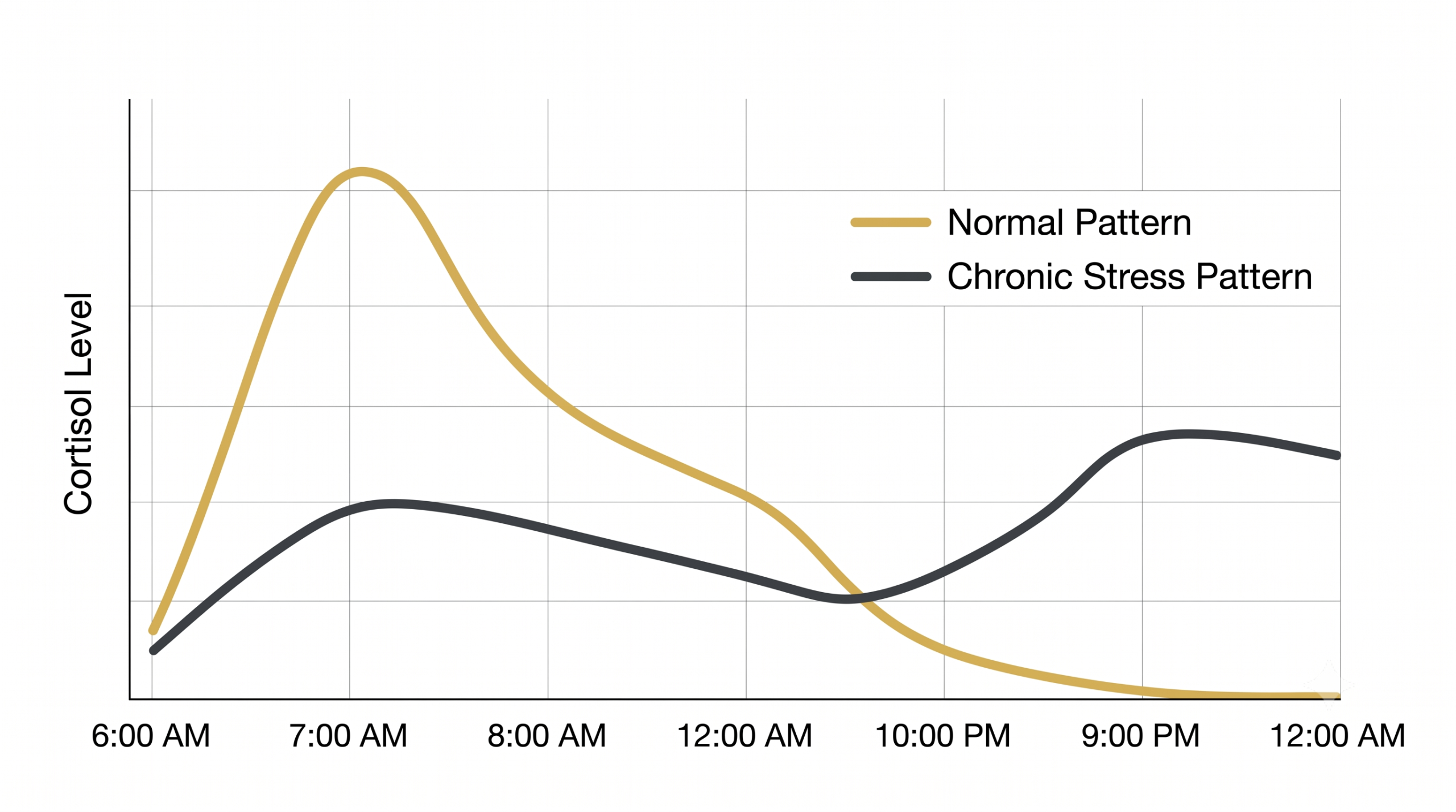 Chart comparing a normal cortisol curve to a chronically stressed cortisol curve, showing a weaker morning rise and elevated evening levels.