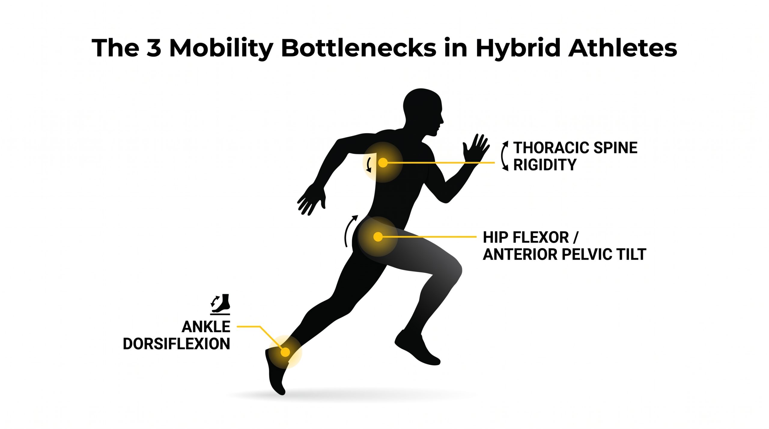 Diagram of the three mobility bottlenecks in hybrid athletes: ankle, hip, and thoracic spine.