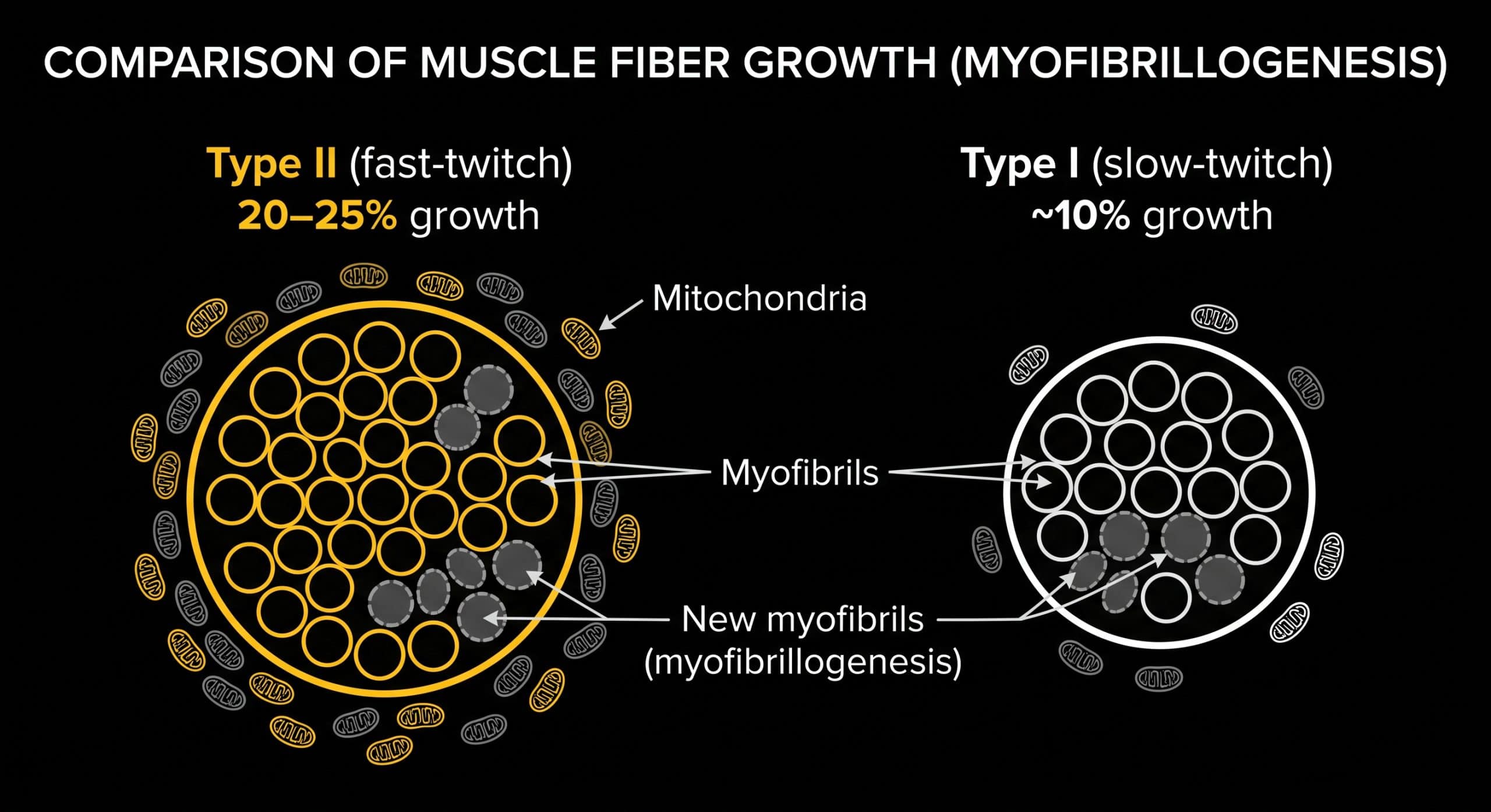 Diagram showing myofibrillogenesis and Type I vs Type II muscle fiber growth