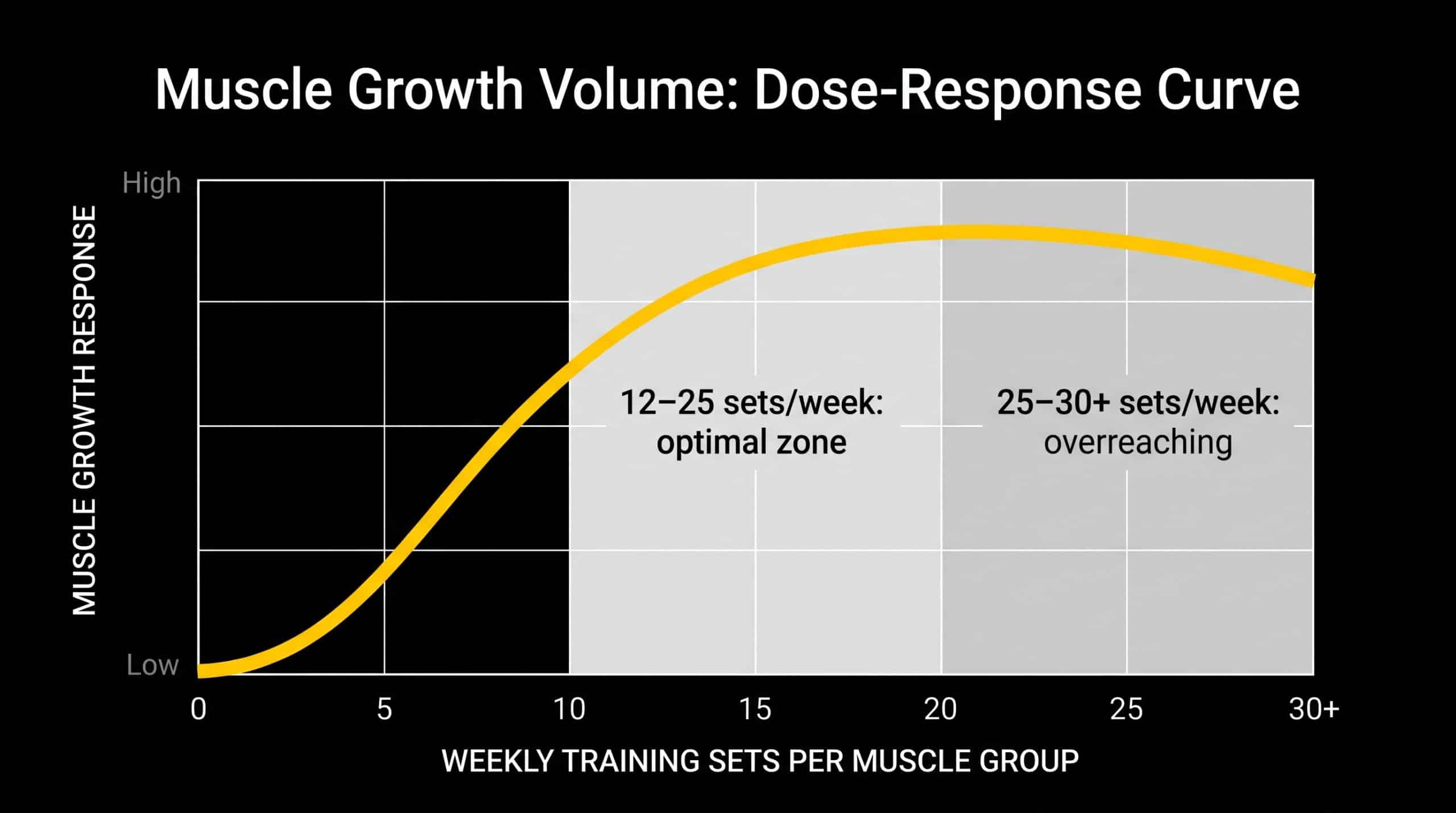 Chart showing muscle growth dose-response curve from 6 to 30+ weekly sets per muscle group, showing diminishing returns past 20 sets