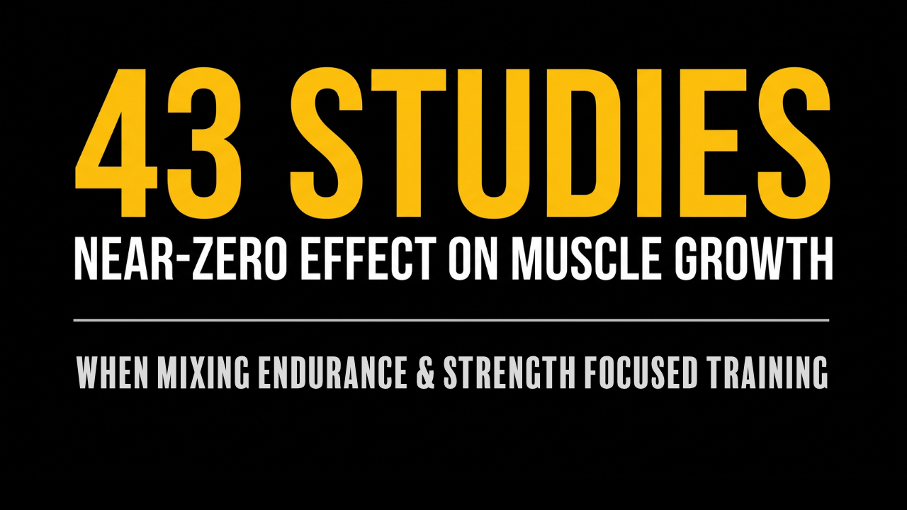 Stat card summarizing a 2022 meta-analysis of 43 studies showing near-zero effect size for cardio's impact on muscle growth.
