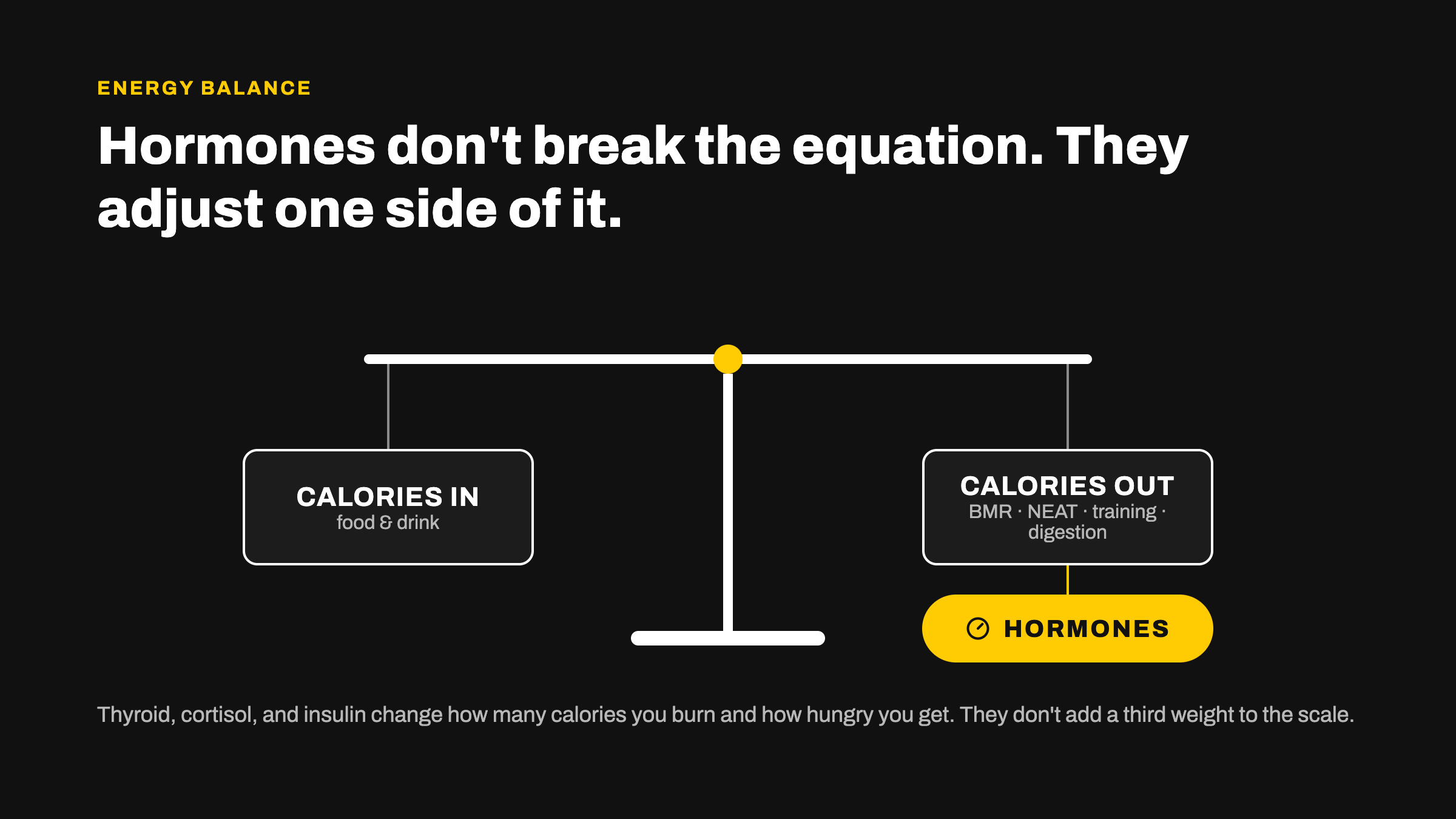 Balance scale graphic showing calories in versus calories out, with hormones acting as a dial on the calories-out side