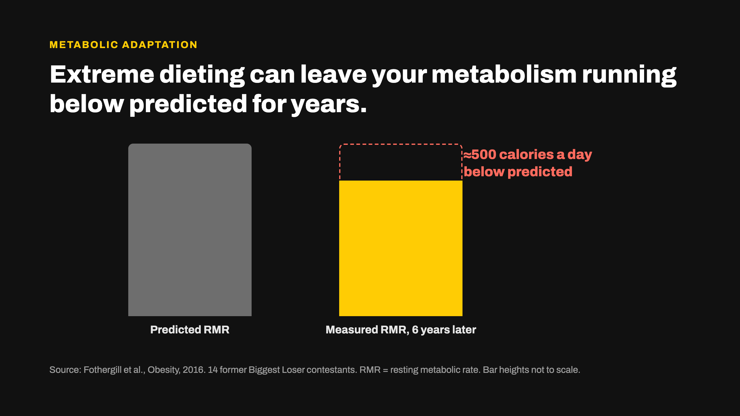 Bar chart showing resting metabolic rate about 500 calories a day below predicted six years after extreme dieting