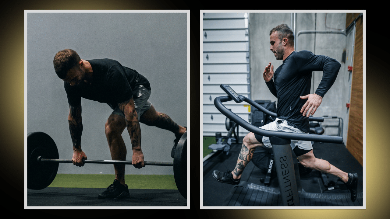 Side-by-side comparison of a single-leg Romanian deadlift and a runner's mid-stance position showing the matching hip hinge angle.