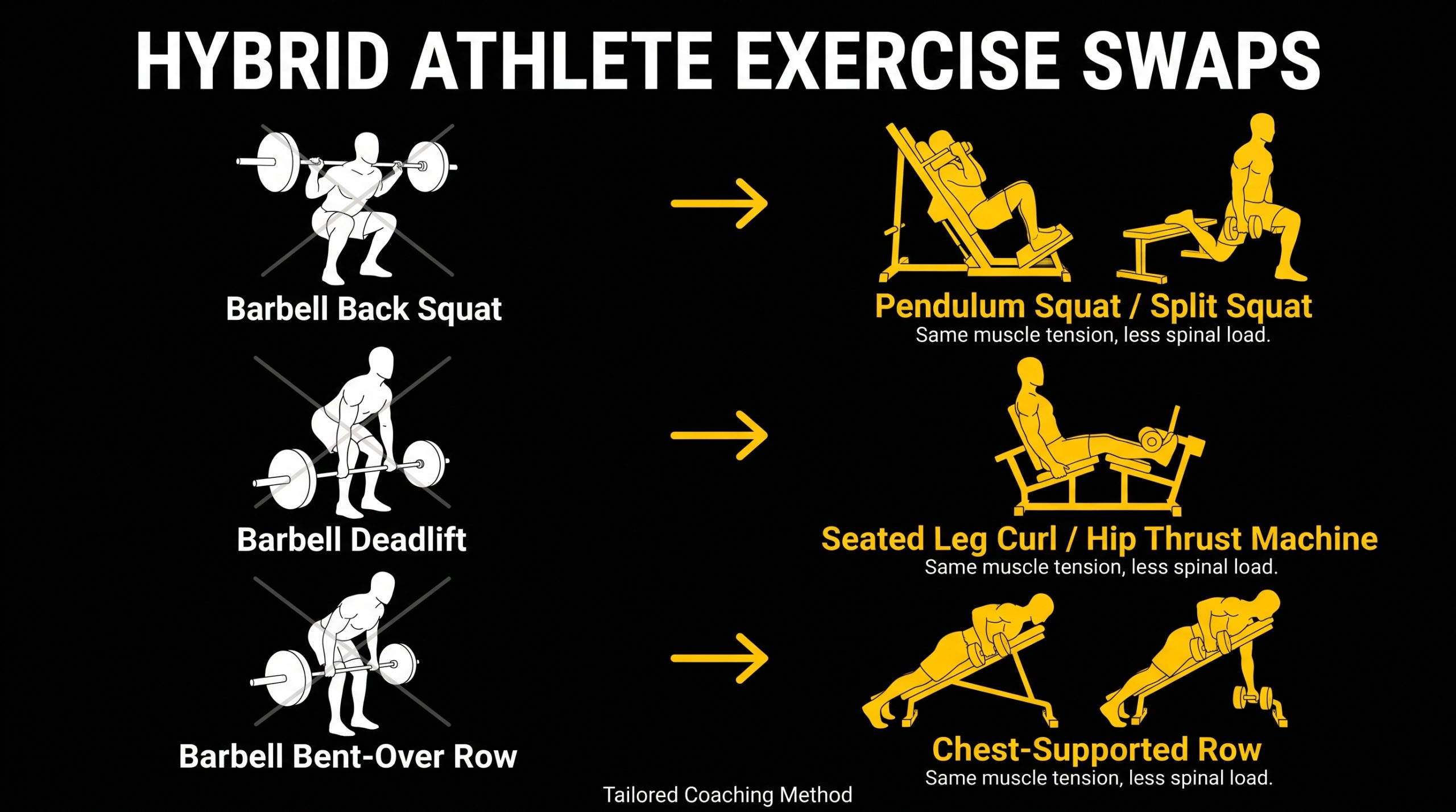 Chart of hybrid athlete hypertrophy exercise swaps: barbell squat to pendulum squat or split squat, deadlift to seated leg curl, barbell row to chest-supported row.