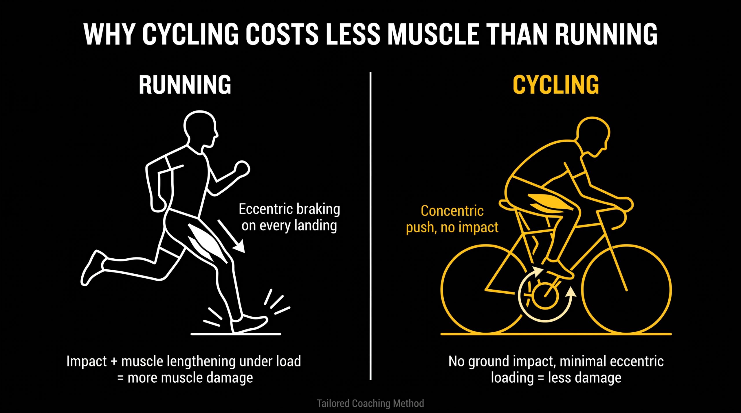 Diagram comparing running’s eccentric landing impact with cycling’s concentric pedal stroke, showing why cycling interferes less with muscle growth.