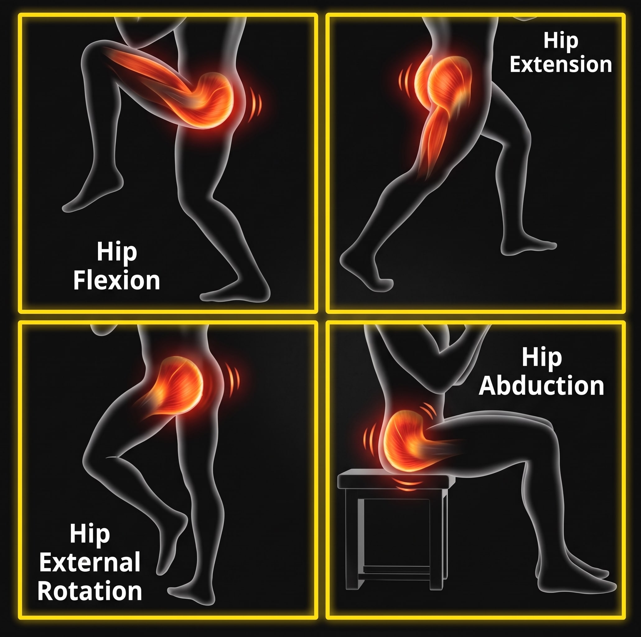 Hip anatomy diagram showing the four hip functions matched to corresponding glute exercises.
