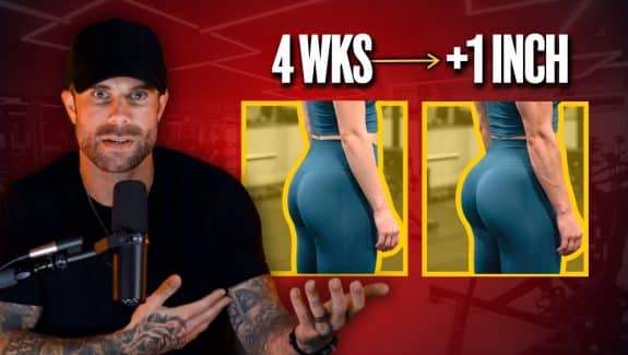 Before and after photo showing one inch of glute growth in four weeks from a training-only program change.